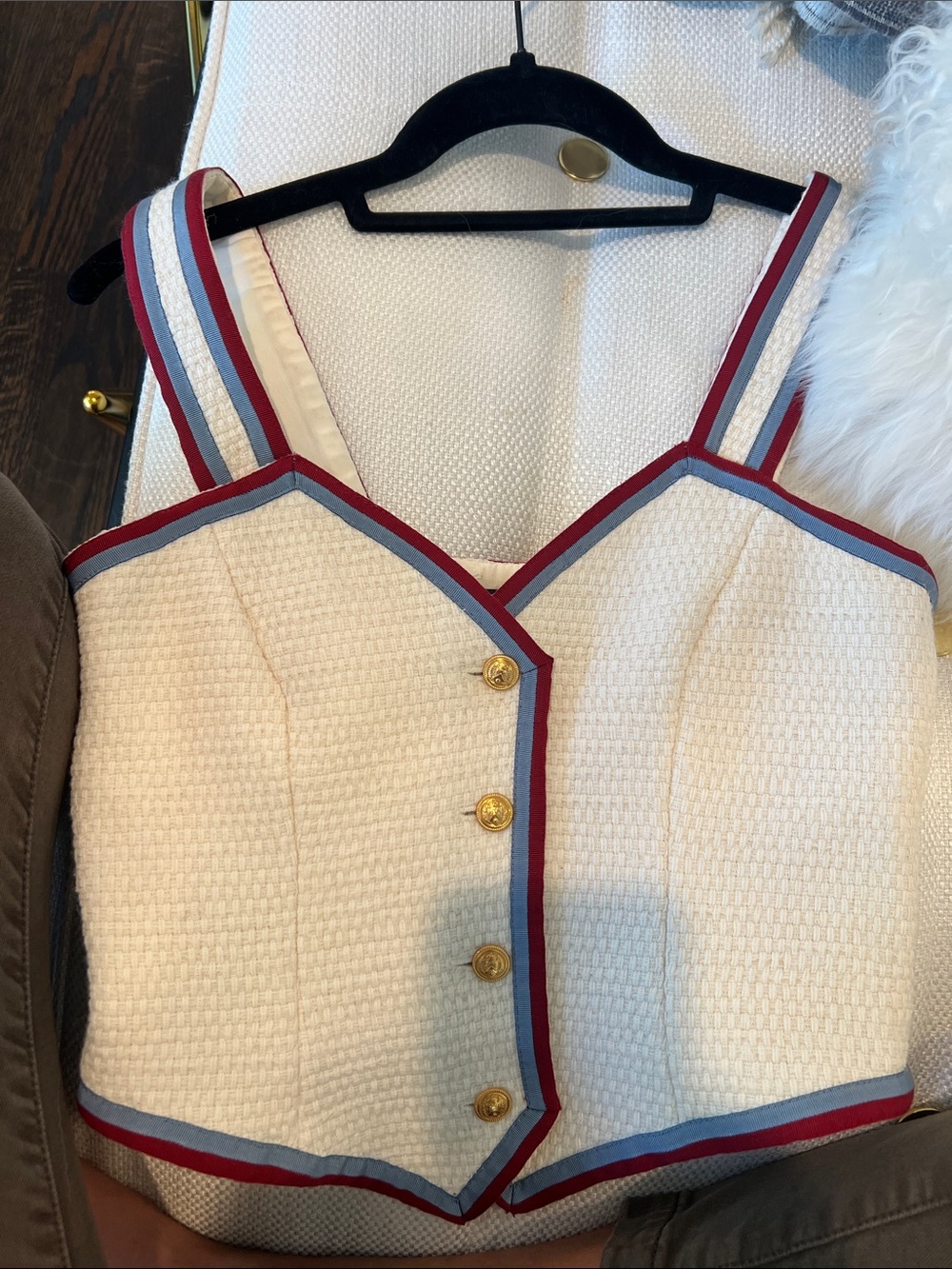 Gucci Cream Textured Crop Vest with Red & Blue Trim